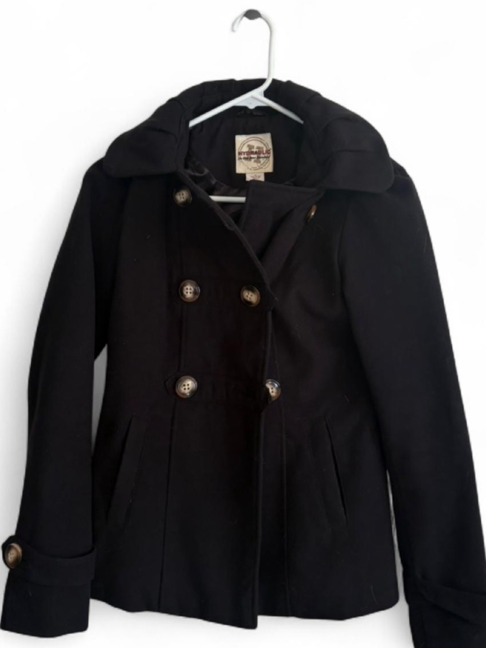 Hydraulic Black Double-Breasted Hooded Peacoat Women S
